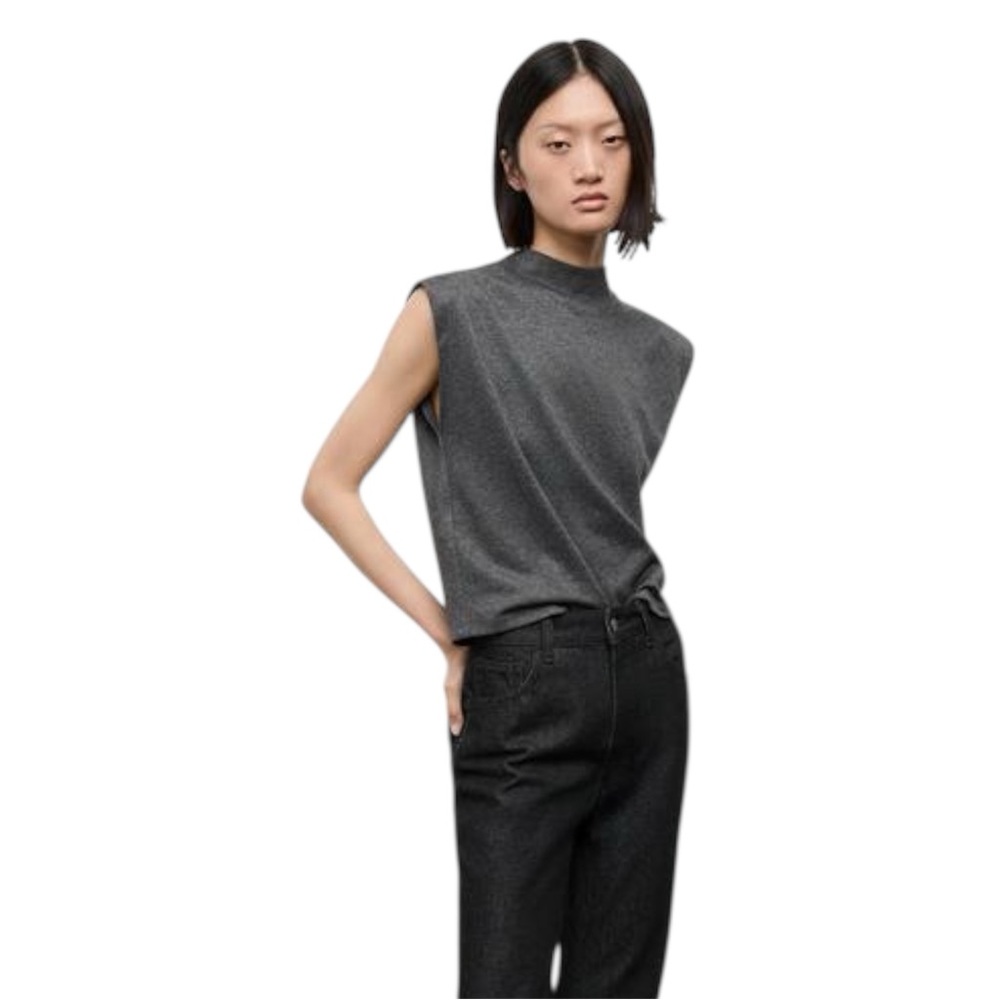 MNG Clinto Grey Tweed Print Minimalist Mock Neck Boxy Sleeveless Top Size Large